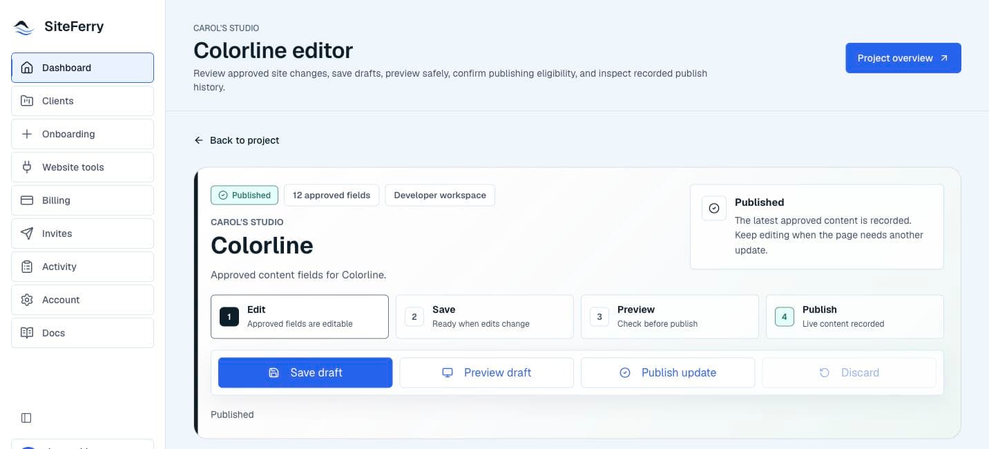 Carol's Studio Colorline editor showing published status and the Edit, Save, Preview, and Publish workflow.