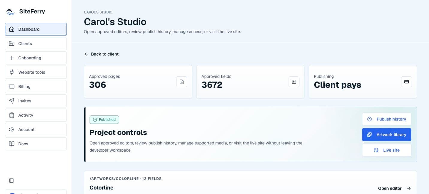 Carol's Studio developer project overview showing approved pages, approved fields, published status, and project controls.