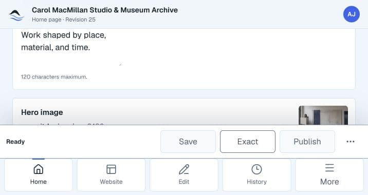 Example SiteFerry client editor showing an editable home page.